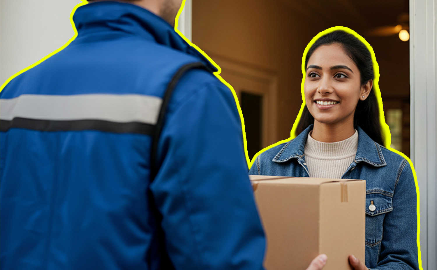 Woman receiving a cardboard delivery package at home from a courier in red uniform, symbolizing fast and reliable shipping service.