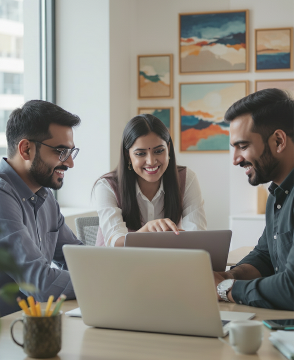 A professional woman in a beige blazer and green top working on a laptop, with business charts blurred in the background.