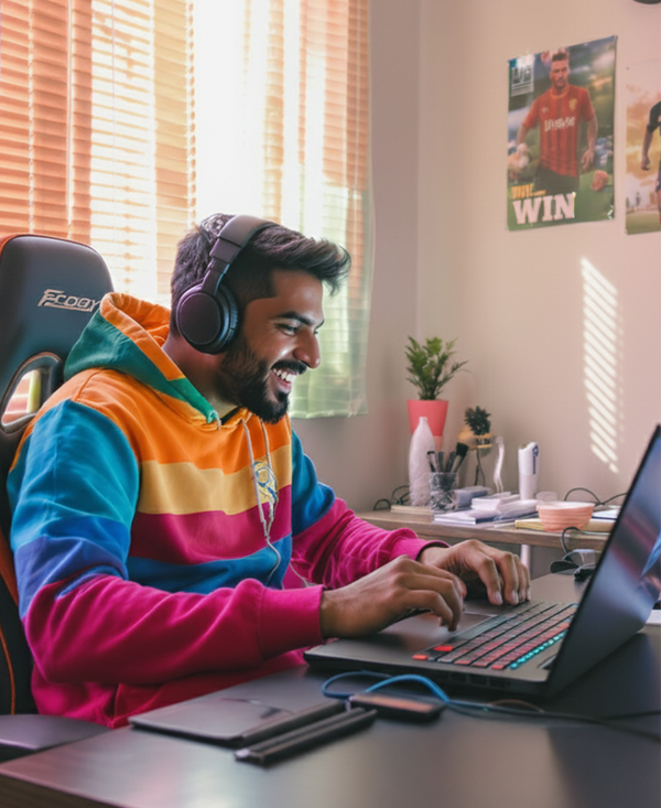 Dell laptop with a 3D effect game scene where a character kicks forward and bullets fly out of the screen, symbolizing immersive gaming experience.