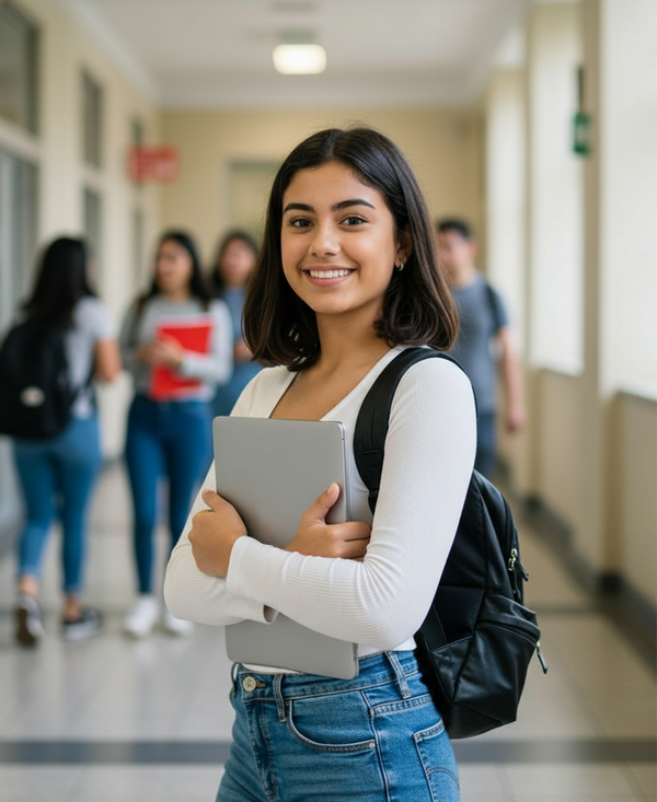 Young student wearing glasses, white lace dress, and backpack, smiling while holding a laptop against a bright yellow background.